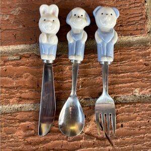 Vintage Lillian Vernon Ceramic Animal Top 3pc Baby Cutlery Set Spoon Fork Knife